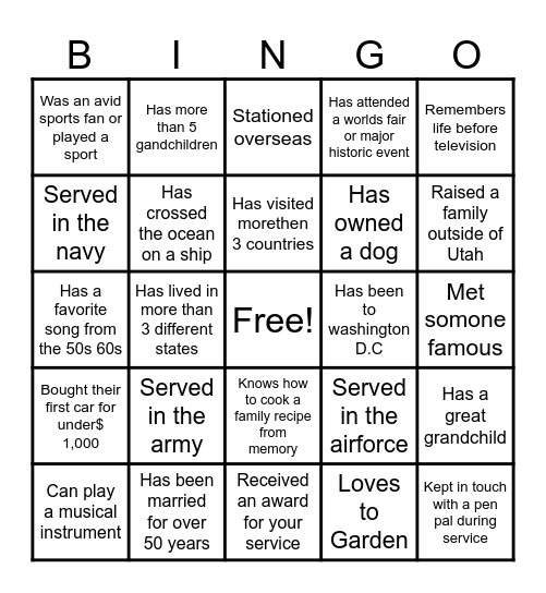 Memorial Bingo Card