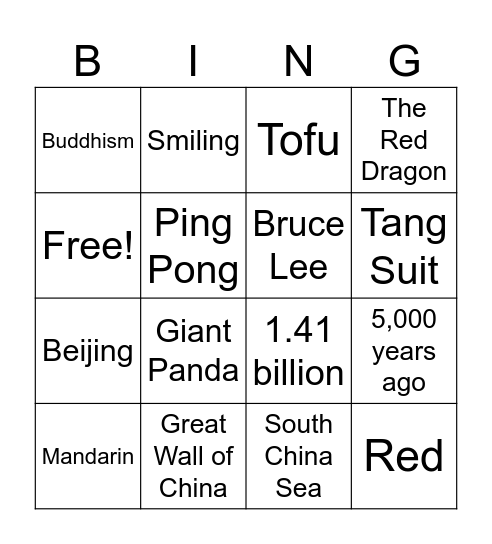 China Bingo Card