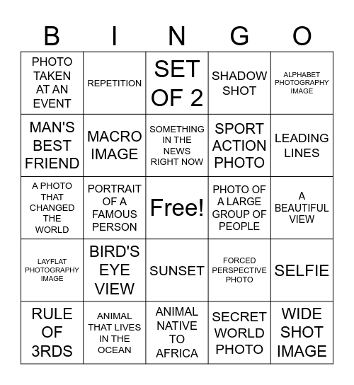 Photography Bingo Card