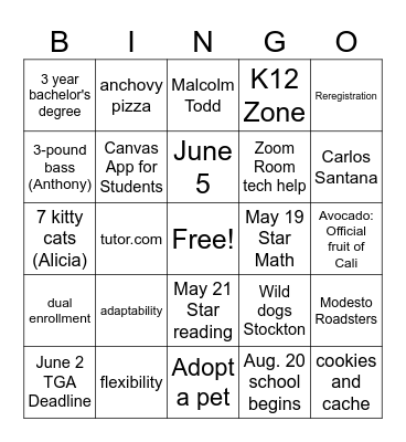 LaMay Homeroom Bingo May 15 Bingo Card