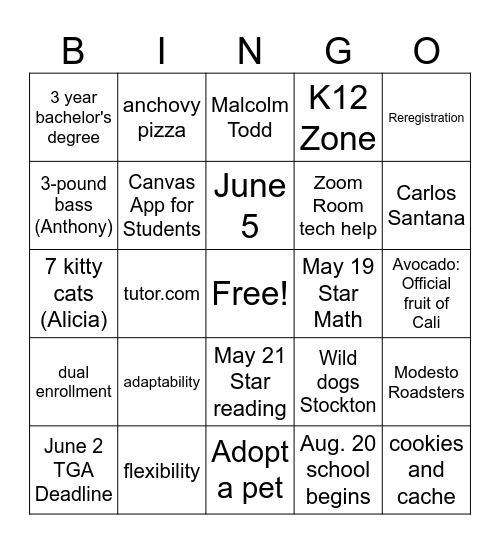 LaMay Homeroom Bingo May 15 Bingo Card