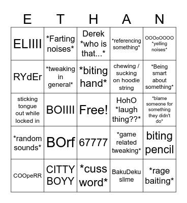Ethan Bingo Card
