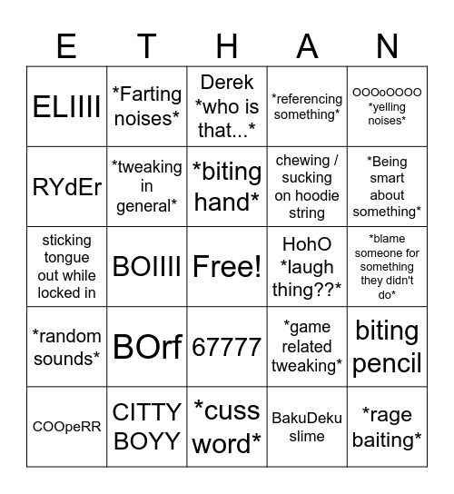 Ethan Bingo Card