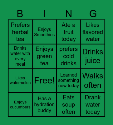 Hydration Bingo Card