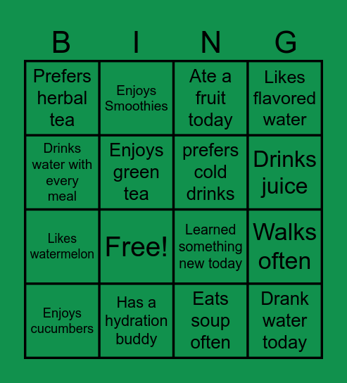 Hydration Bingo Card