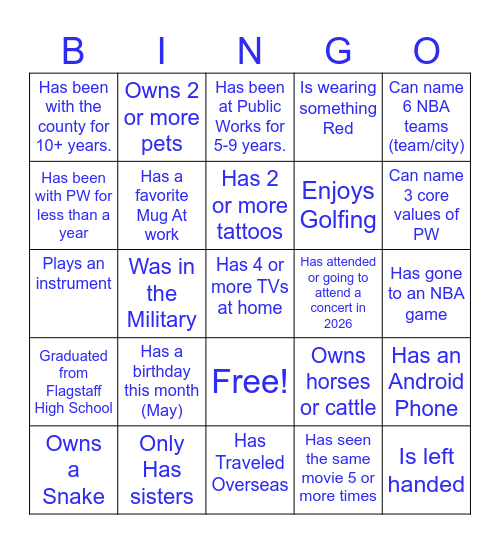 Public Works Day Scavenger Hunt: Find someone who... Bingo Card