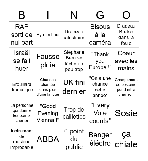 Eurovision 2026 Bingo Card
