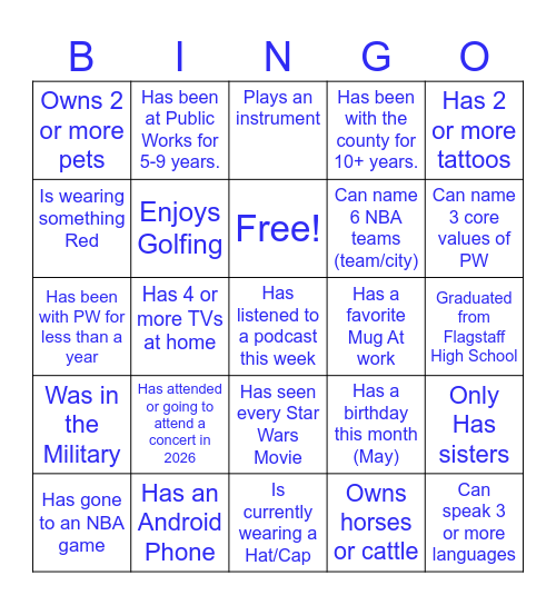 Public Works Day Scavenger Hunt: Find someone who... Bingo Card