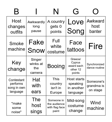 Eurovision 2026 Bingo Card