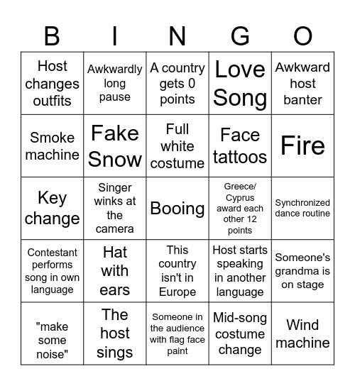 Eurovision 2026 Bingo Card