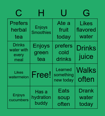 Hydration Bingo Card
