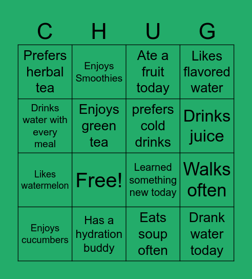 Hydration Bingo Card