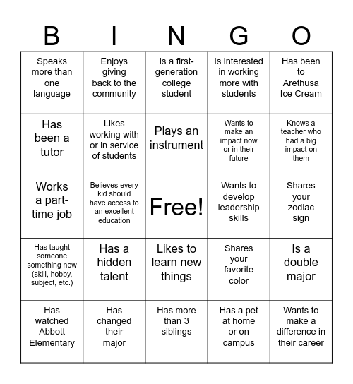 Yale President's Public Service Fellowshop Bingo Card