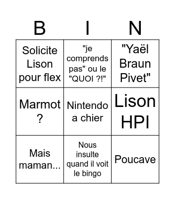 Tristan Bingo Card