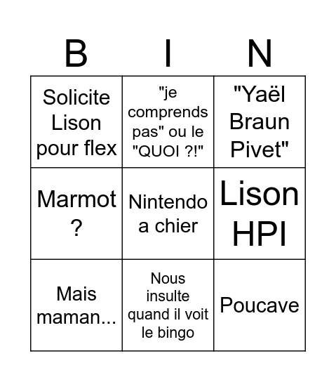 Tristan Bingo Card