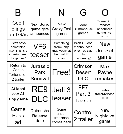 Summer Games Fest 2026 Bingo Card