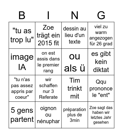 Cours de français Bingo Card