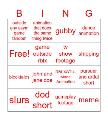 This was made for fun. Bingo Card