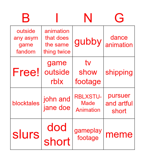 This was made for fun. Bingo Card