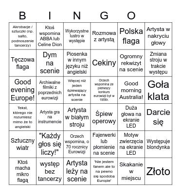 Eurowizja 2026 Bingo Card