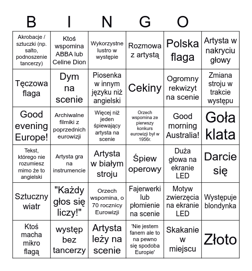 Eurowizja 2026 Bingo Card