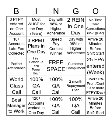 Team London Weeklly Bingo Card