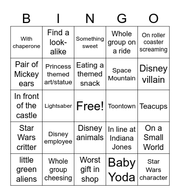 Disney Photo Bingo Card