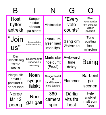 Eurovision song contest Vienna 2026 Bingo Card