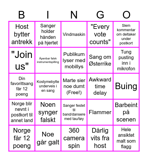 Eurovision song contest Vienna 2026 Bingo Card