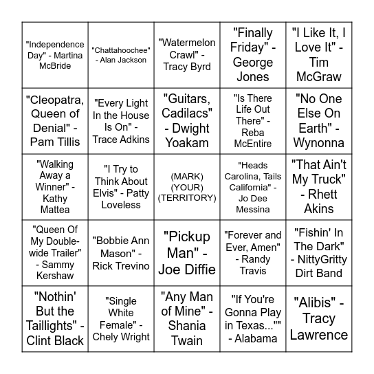 90s COUNTRY Bingo Card