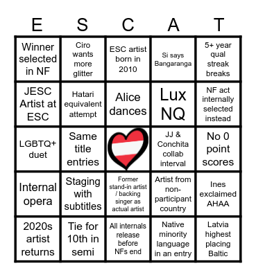 Eurovision 2026 Bingo Card