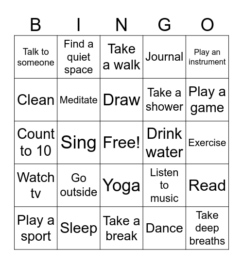 Coping Skills Bingo Card