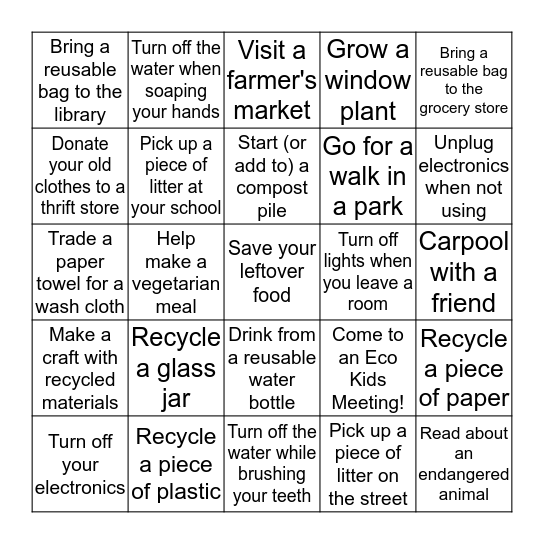 I Can Save the Planet! Bingo Card