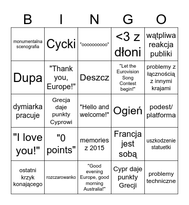 Eurowizja 2026 Bingo Card