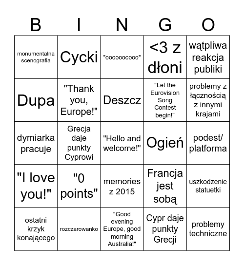 Eurowizja 2026 Bingo Card