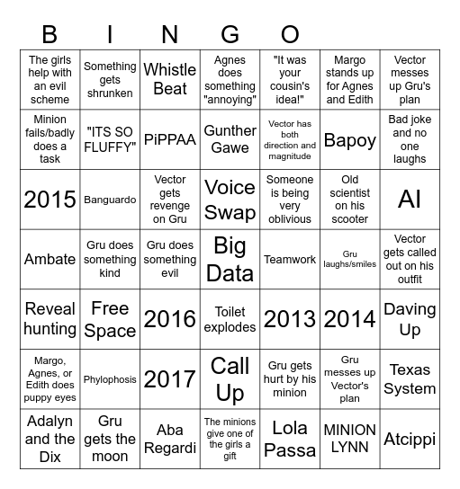 Despicable Me Bingo Card