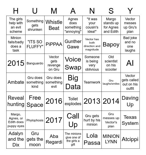 Despicable Me Bingo Card