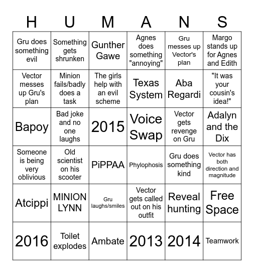 Despicable Me Bingo Card