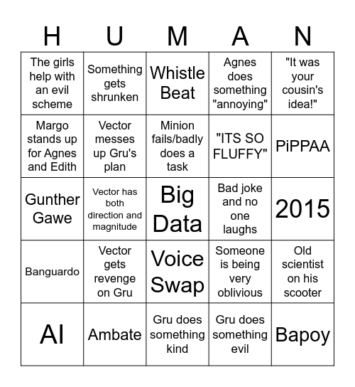 Despicable Me Bingo Card