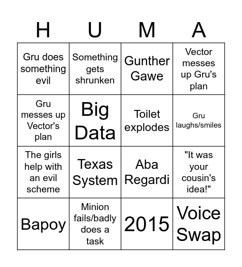 Despicable Me Bingo Card