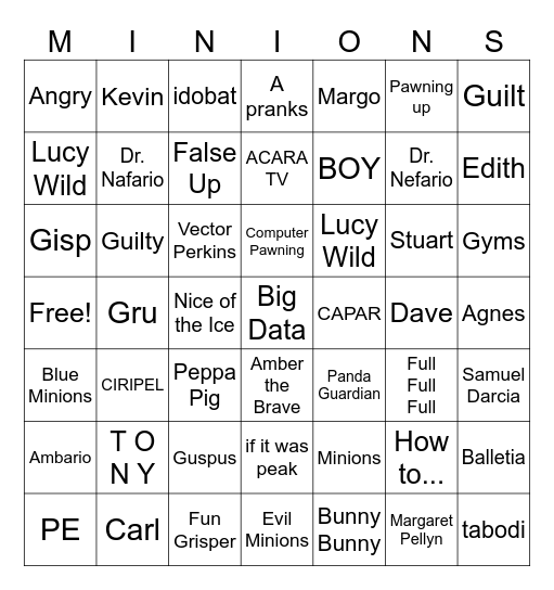 Despicable Me Bingo Card