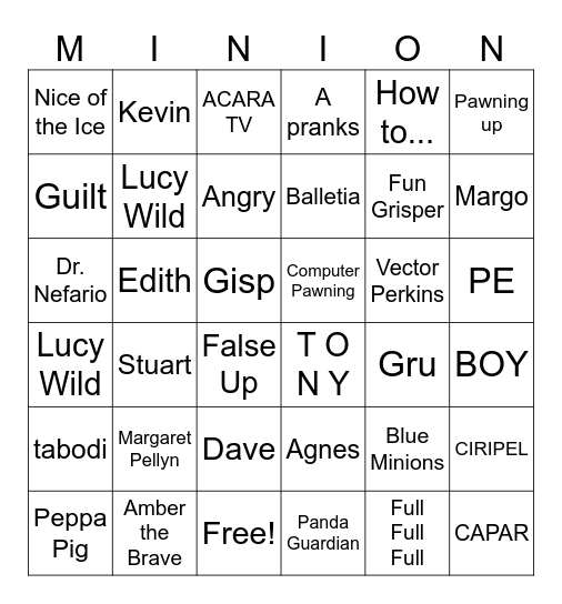 Despicable Me Bingo Card