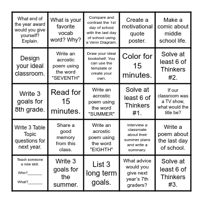 7th Grade End of the Year Bingo Board Bingo Card