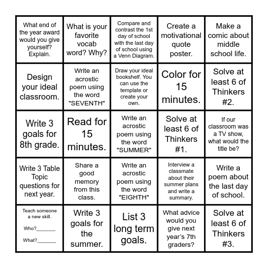 7th Grade End of the Year Bingo Board Bingo Card