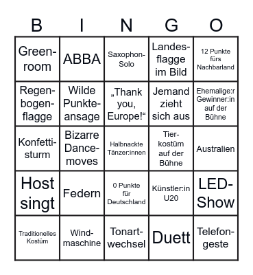 *Eurovision Song Contest* Bingo Card