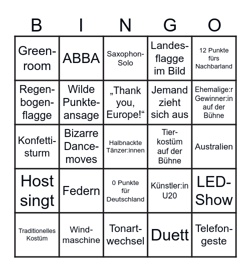 *Eurovision Song Contest* Bingo Card