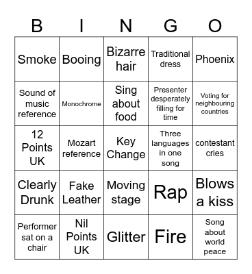 Eurovision 2026 Bingo Card