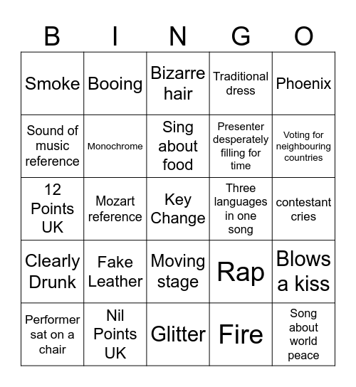 Eurovision 2026 Bingo Card