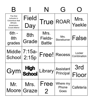 Middle Schoo Bingo Card