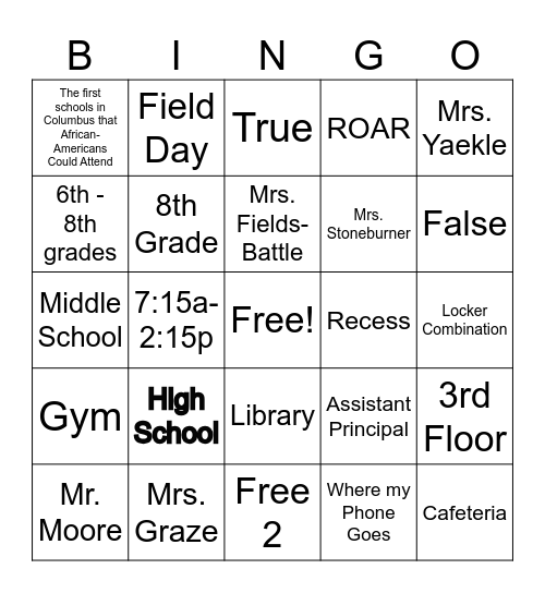 Middle Schoo Bingo Card